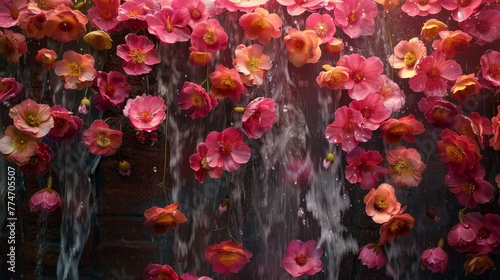 A wall of pink flowers with water dripping from them. The flowers are arranged in a way that they look like they are falling from the wall. The water adds a sense of movement and life to the scene