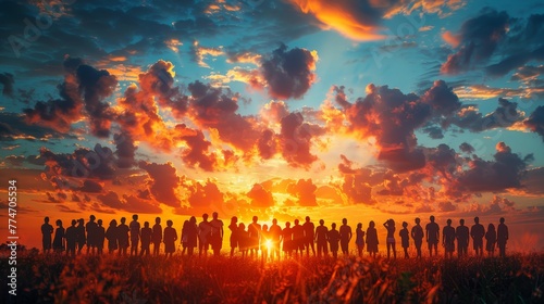 A group of people are standing in a field with a beautiful sunset in the background. The sky is filled with clouds, and the sun is setting, casting a warm glow over the scene