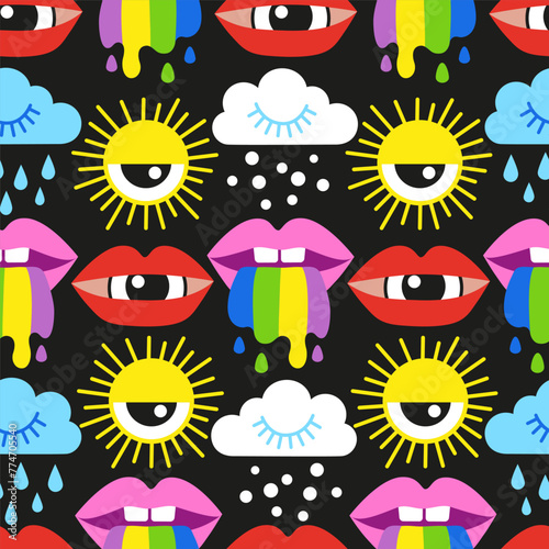 Vector hand drawn illustration. Set of psychedelic weather elements in a flat retro style © Nataliia