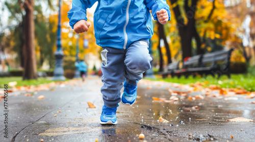 A child running in the park in rainy fall weather, wearing blue clothes and running shoes, healthy outdoor activity.