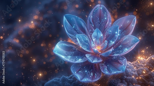 A blue flower with a glowing center is surrounded by a starry background. The image has a dreamy, ethereal quality to it, with the blue flower standing out against the dark background