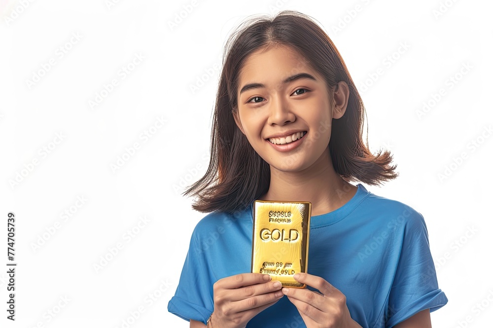 Asian beautiful woman holding gold bar and showing to the camera isolated over white background. Asian beautiful woman holding gold bar and showing to the camera isolated over white background.