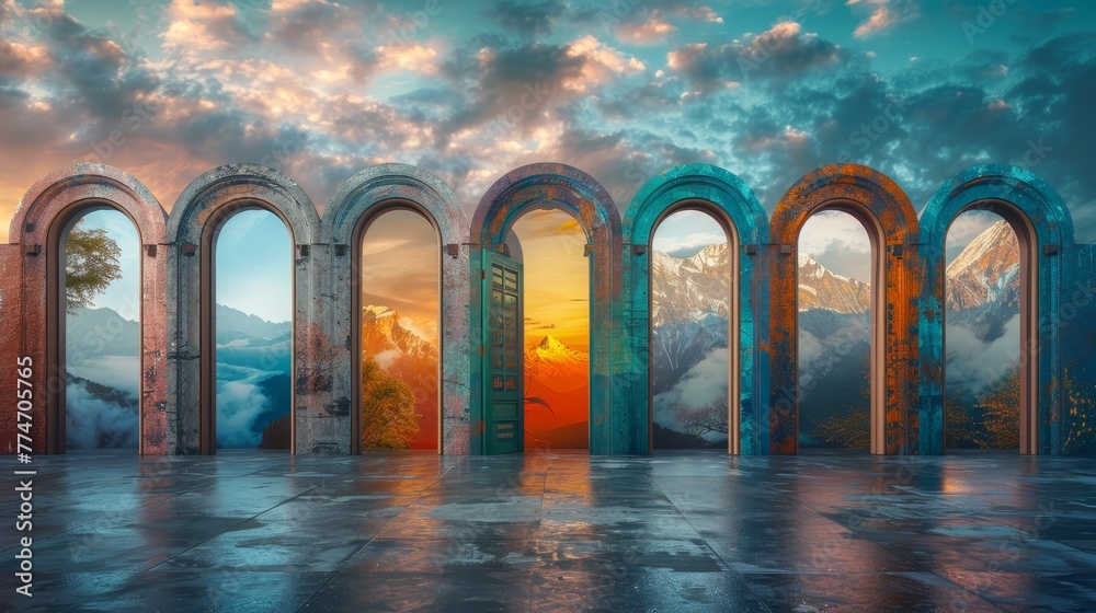 A series of arched doorways with a mountain range in the background. The arches are of different colors and sizes, and the mountains are in various shades of blue and green