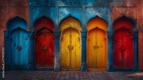 A row of colorful arched doors with a brick walkway in the background. The doors are painted in a variety of colors, including red, yellow, and blue. Concept of vibrancy and diversity