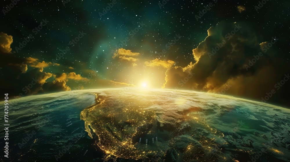 A planet with a sun in the middle of it. The sun is surrounded by clouds A planet with a sun in the middle of it. The sun is surrounded by clouds
