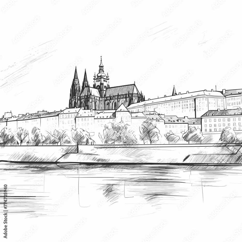 Prague castle hand-drawn comic illustration. Prague castle. Vector doodle style cartoon illustration