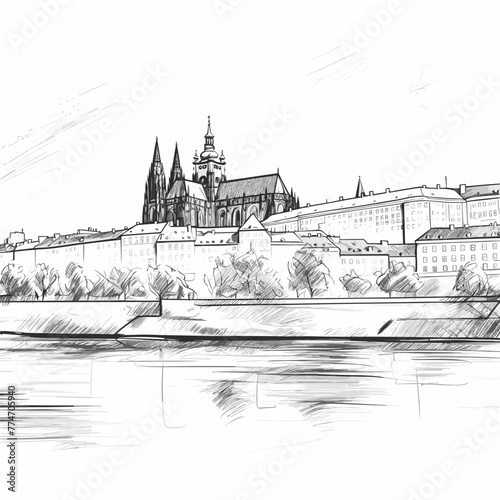 Prague castle hand-drawn comic illustration. Prague castle. Vector doodle style cartoon illustration