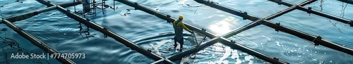 Aerial view over large fish farming and breeding with lots of fish. Aquaculture concept.