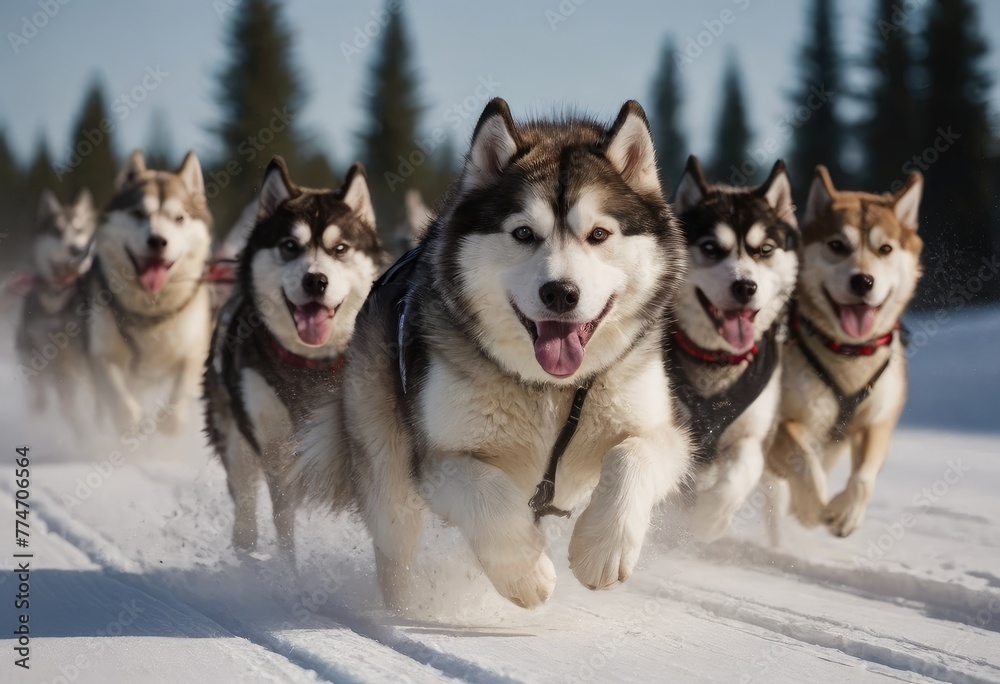 front view at four siberian huskys at race in winter front view at four siberian huskys at race in winter