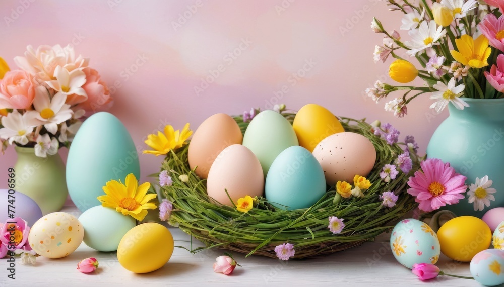 A vibrant display of multicolored Easter eggs nestled in a green grass wreath surrounded by seasonal flowers, set against a pastel backdrop.. AI Generation