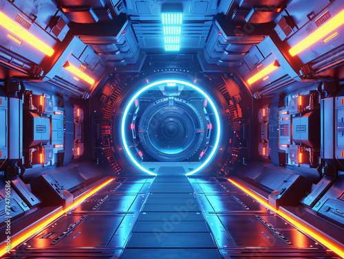 3D rendering of sci-fi extended background  corridor tunnel of space station ship