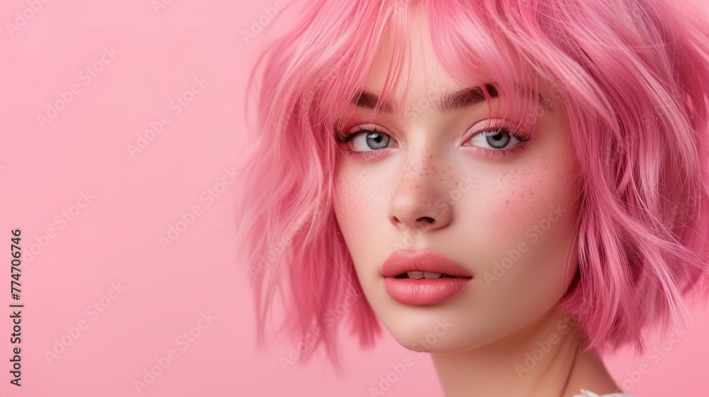 Beauty Fashion Model Portrait pink hair color. Bob Short Haircut. Fringe Hairstyle. Hairdressing. Beautiful Glamour Girl with Short blonde hair