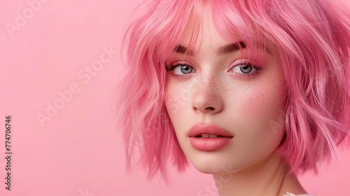 Beauty Fashion Model Portrait pink hair color. Bob Short Haircut. Fringe Hairstyle. Hairdressing. Beautiful Glamour Girl with Short blonde hair