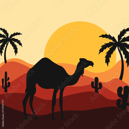 Silhouette of a camel on the background of the desert and desert landscape under the sunset sky © Tetiana