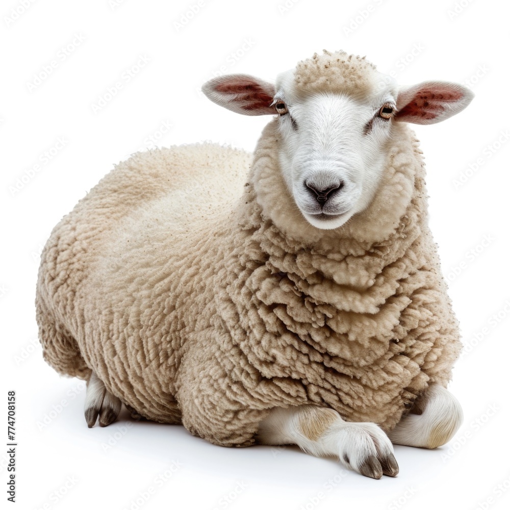 Sheep in natural pose isolated on white background, photo realistic