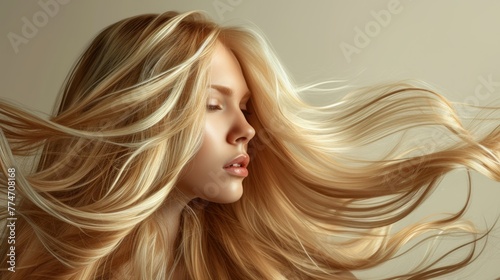 Portrait of a beautiful young blond woman with amazing flowing hair