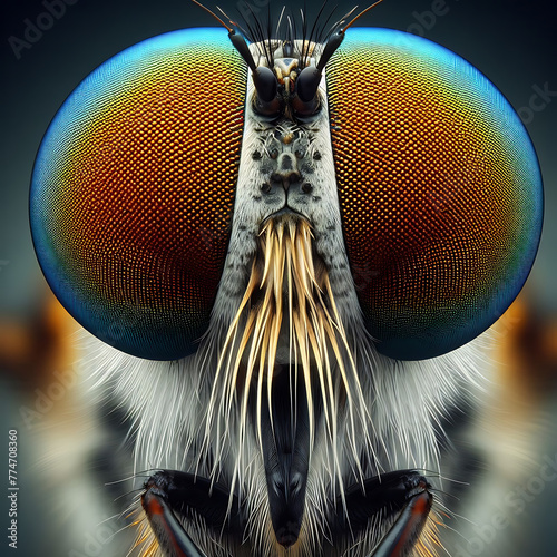 close up of a fly. Amazing macro photo of a Tabanidae horsefly. fly face. fly front view. macro shot of fly. calliphoridae. Housefly. macro fly. Musca domestica. Diptera. Muscidae. photo
