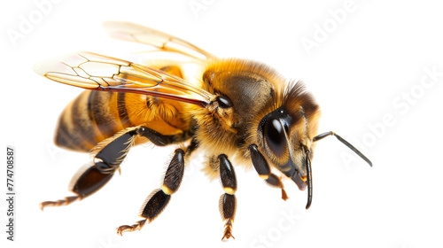 A honeybee delicately balances on a white background