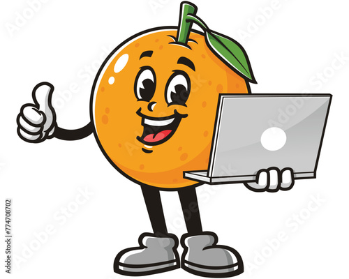 Orange fruit holding laptop cartoon mascot illustration character vector clip art hand drawn