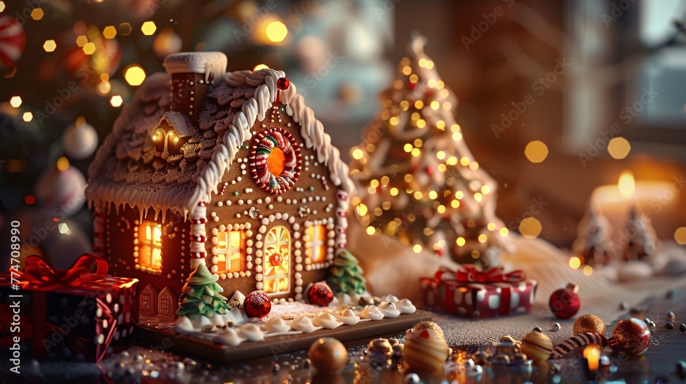 Gingerbread House with Christmas Lights A Festive and Delicious Holiday Treat Generative AI