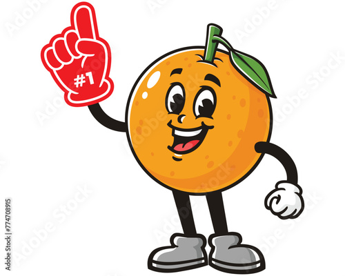 Orange fruit with foam finger cartoon mascot illustration character vector clip art hand drawn