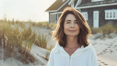 an attractive woman in her early fifties wearing a white hoodie. She has shoulder length brown hair and is standing on the beach next to a house. She looks confident with a gentle smile on her face