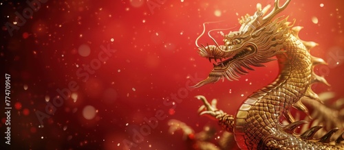 Golden chinese dragon on red background  copy space background  Happy chinese new year