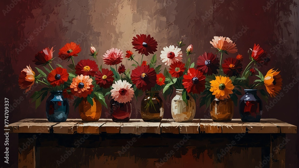 burgundy red theme still life flowers on table abstract oil pallet knife paint painting on canvas large brush strokes art illustration background from Generative AI - obrazy, fototapety, plakaty 