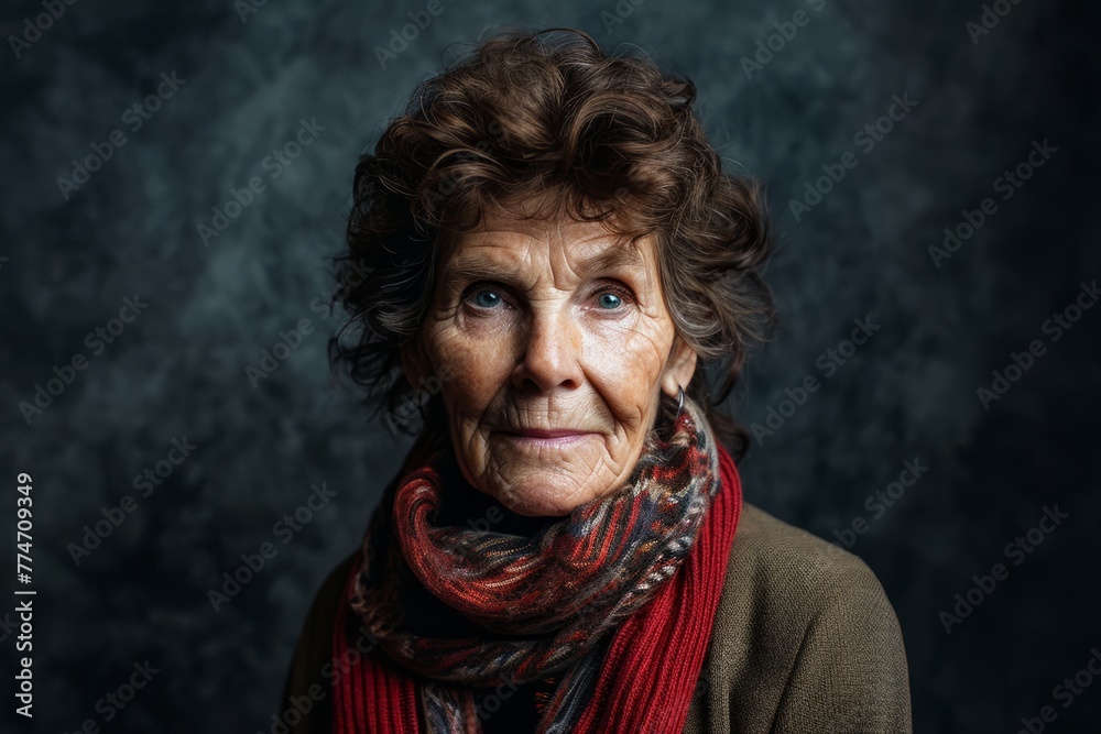 Portrait of an elderly woman with a scarf on a dark background