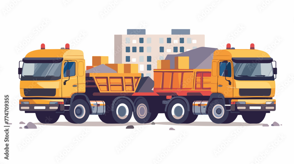 Trucks unloading and carrying construction materials 