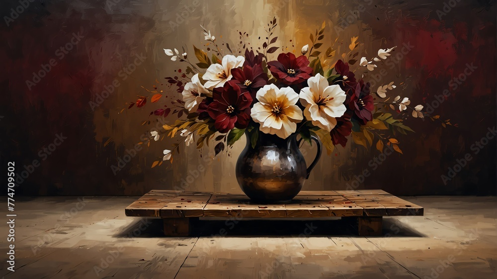 espresso brown to deep maroon theme still life flowers on table abstract oil pallet knife paint painting on canvas large brush strokes art illustration background from Generative AI - obrazy, fototapety, plakaty 