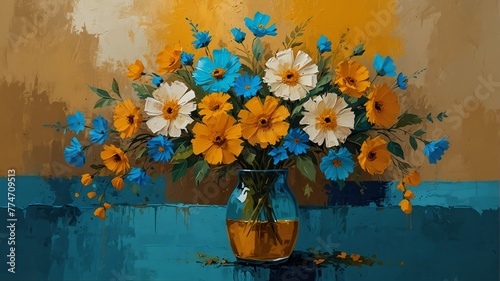 golden yellow to aquamarine blue theme still life flowers on table abstract oil pallet knife paint painting on canvas large brush strokes art illustration background from Generative AI © SevenThreeSky