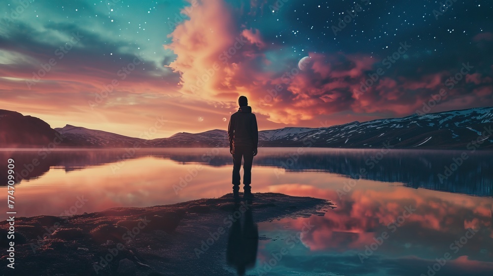 Silhouette of a person standing by a tranquil lake with a vibrant aurora borealis and starry sky reflecting on water, surrounded by mountains.