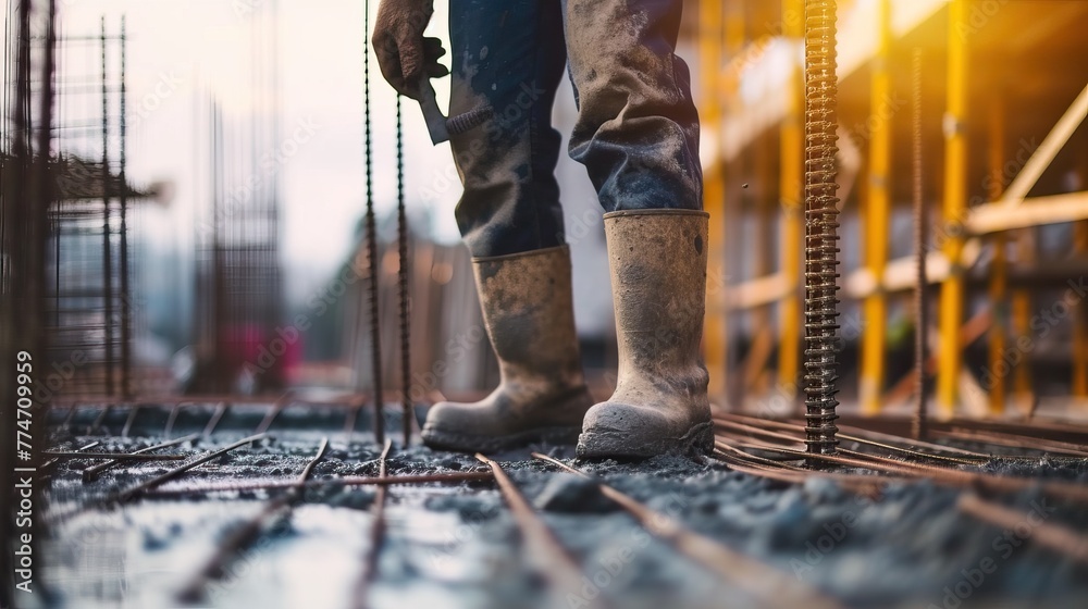 Construction worker on site with steel rebar, highlighting work boots and industry atmosphere. Construction worker on site with steel rebar, highlighting work boots and industry atmosphere.