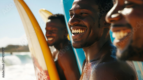 A group of joyful African American men are surfing photo