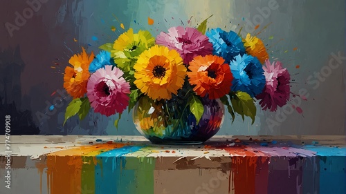rainbow theme still life flowers on table abstract oil pallet knife paint painting on canvas large brush strokes art illustration background from Generative AI