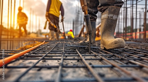 Builders work with rebars on a construction site. Construction of reinforcing structures. © Svfotoroom
