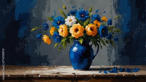 royal blue theme still life flowers on table abstract oil pallet knife paint painting on canvas large brush strokes art illustration background from Generative AI