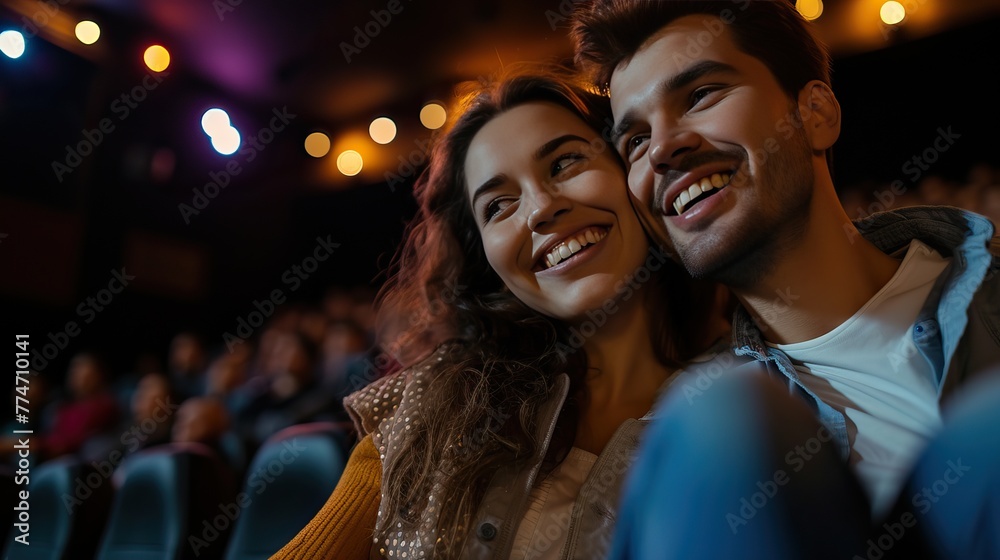 Happy young couple enjoying a movie in a theater, holding popcorn and laughing together.