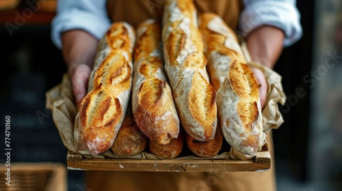 Baker holds fresh baked French baguettes. Homemade sourdough bread