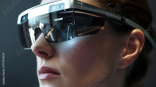 Close-up of a person wearing futuristic sunglasses with reflection, against a clear sky background.