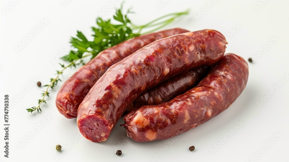 Pork sausages with rosemary isolated on white background Pork sausages with rosemary isolated on white background