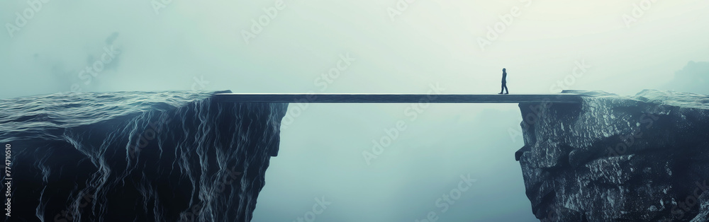 A lone figure is silhouetted against the abyss, poised on a narrow bridge that stretches across a deep chasm enveloped in swirling mist, evoking a mood of contemplation