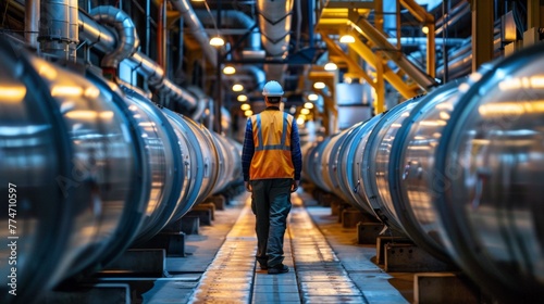 A man in a hard hat walking down an aisle of metal pipes, AI