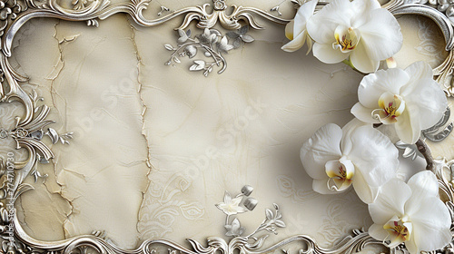 An ultra-HD image of a birthday card background that combines the timeless luxury of ivory parchment, embossed with an ornate silver frame