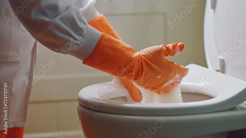 Close up hands women wearing orange protect glove using liquid cleaning solution cleaning flush toilet, disinfection and hygiene concept photo