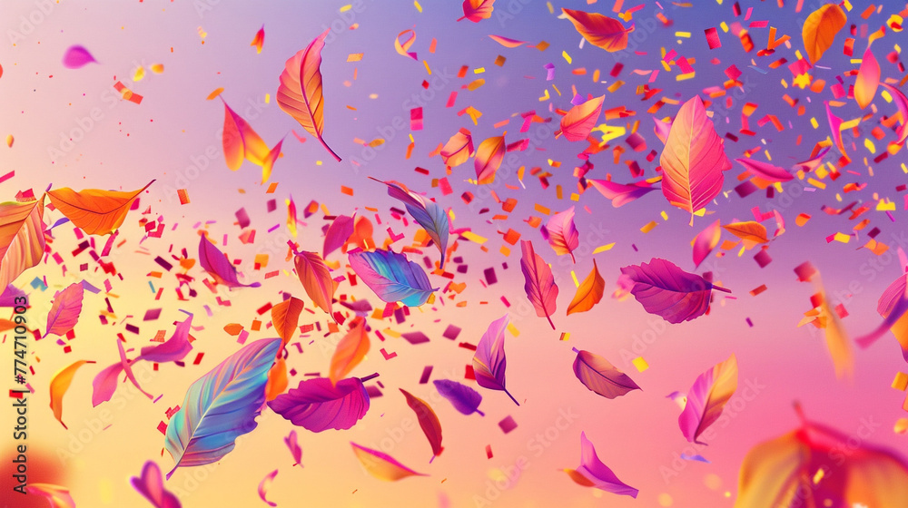 An ultra-HD depiction of a vibrant, abstract confetti background with vector pieces in the shape of leaves and flowers.