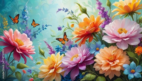 An enchanting scene of vivid flowers and delicate butterflies, rendered in a digital painting style, perfect for spring-themed designs.. AI Generation