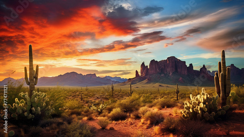 Arizona Desert Sunset and Cactus ai generated photo