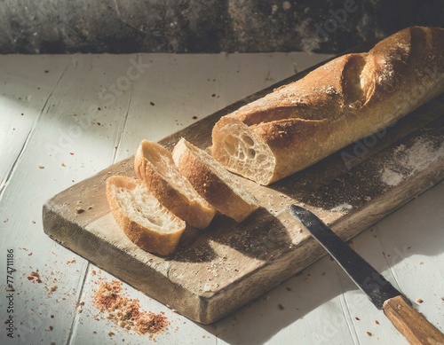 A crusty baguette sliced on a rustic wooden cutting board, with crumbs and a bread knife lying beside it, capturing the simplicity of freshly baked bread photo